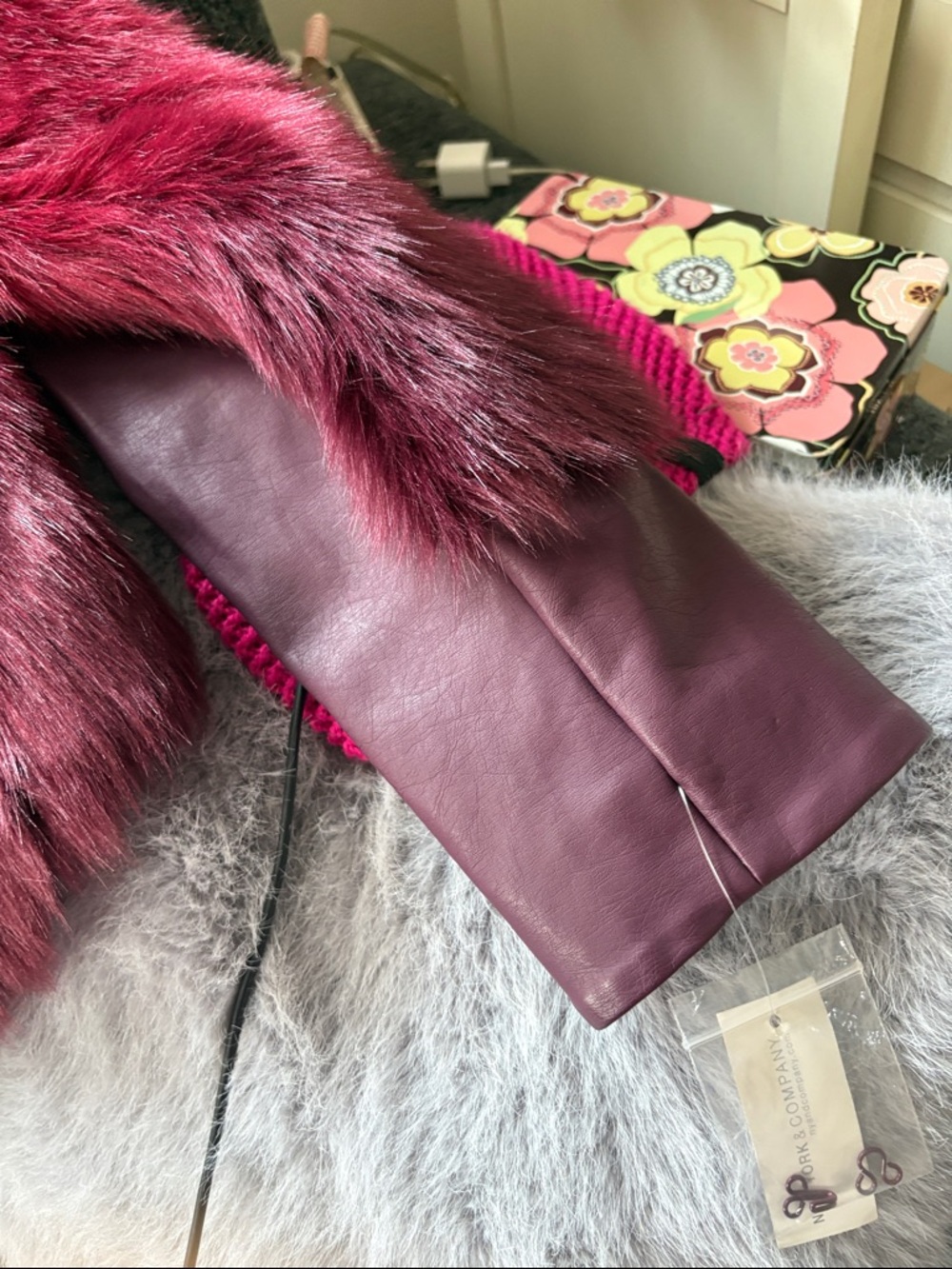 New York & Company Women's Burgundy Faux Fur Jacket with Leather-look Sleeves - Picture 6 of 10